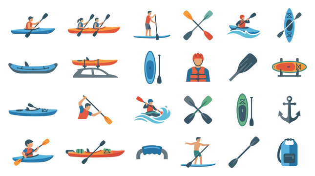 Vector Icons Flat vector icons set of kayaking canoeing and stand up paddleboarding equipment and activities. EPS Editable