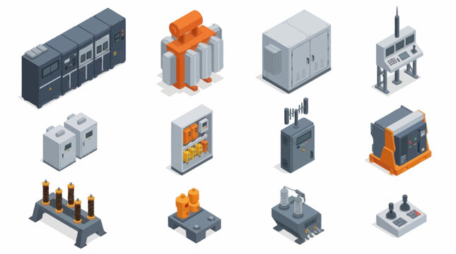 Collection of electrical equipment and industrial components in isometric view.