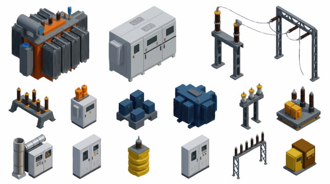 Collection of electrical power distribution equipment and components isometric illustration.