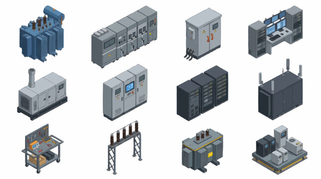 Collection of electrical power equipment and industrial machinery in isometric view.