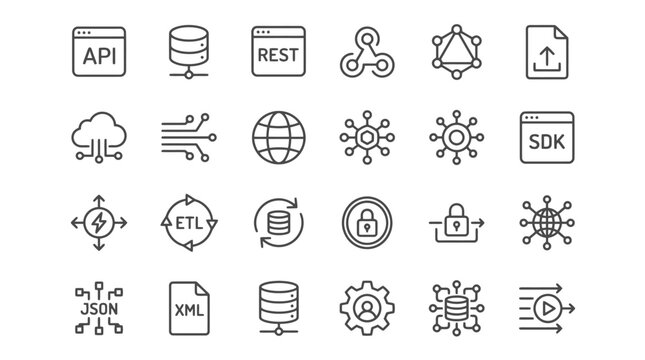 Vector Icons Hand drawn API and database integration line icons set. EPS Editable