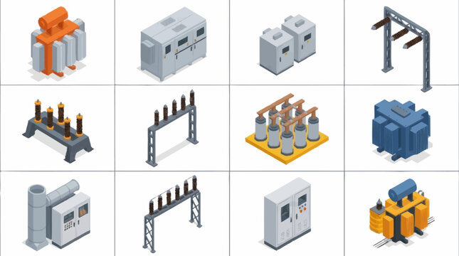 Collection of electrical power transmission and distribution equipment isometric icons.