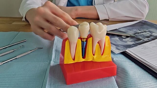 Doctor hold dental implant, artificial tooth roots into jaw, root canal of dental treatment, gum disease, teeth model for dentist studying about dentistry.