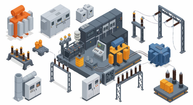 Electrical substation components and equipment isometric illustration.