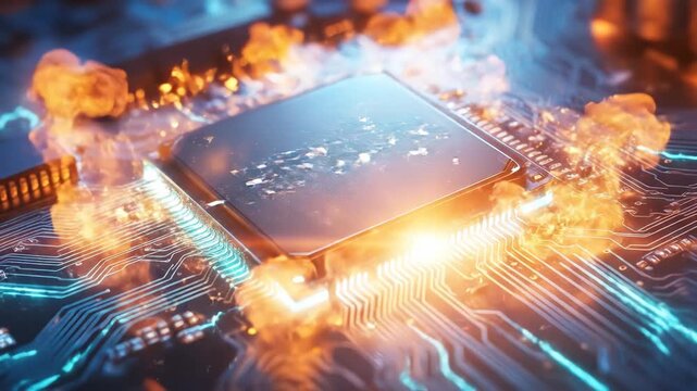 Microchip displaying an error message on a illuminated blue and orange circuit board