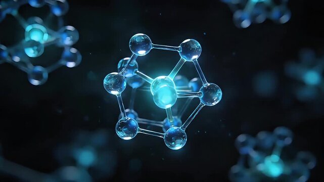 Abstract 3D scientific visualization of glowing blue molecular structures on a dark background