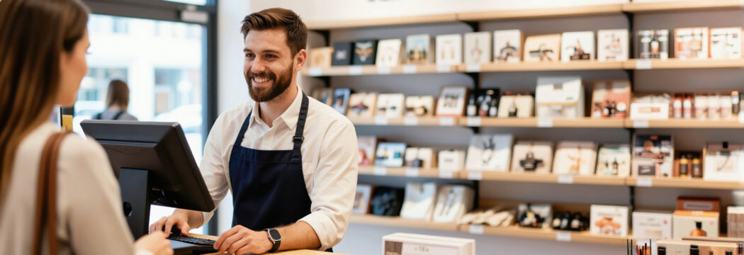 Smiling man in apron helps customer at shop counter. Employee scans product at point of sale. People interact in retail store, completing purchase transaction efficiently. Friendly service.