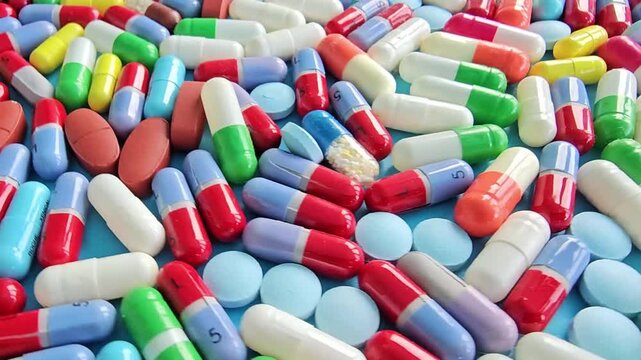 Pills and capsules shown in various colors and shapes on a table
