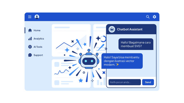 Chatbot assistant interface with AI robot illustration