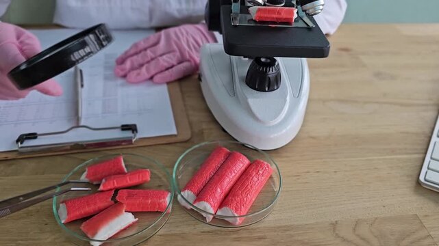 Examining food samples in a lab setting with a microscope and recorded observations on paper