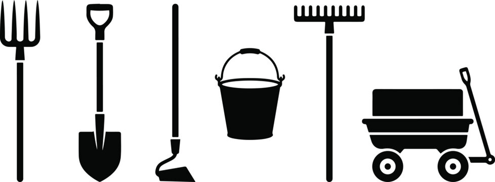 Garden and Farm Tools Black Silhouette Icons Set with Shovel and Rake