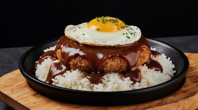 Loco moco plate with rice egg and brown gravy served in black dish. Traditional Hawaiian comfort food dish, often eaten for breakfast, lunch or dinner. Delicious meal.