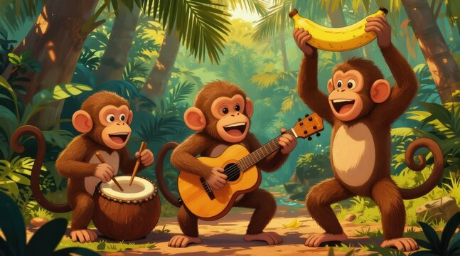 Three monkeys play music in rich jungle. One drums on coconut, another strums guitar, third holds banana. Animated creatures create tropical band concert. Fun forest party scene.