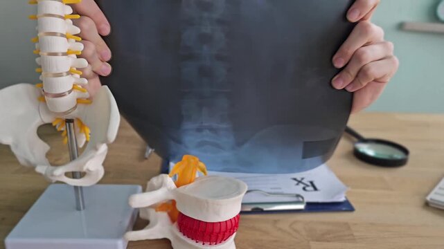 Chiropractor shows spinal model and x-ray images during an appointment in a clinic