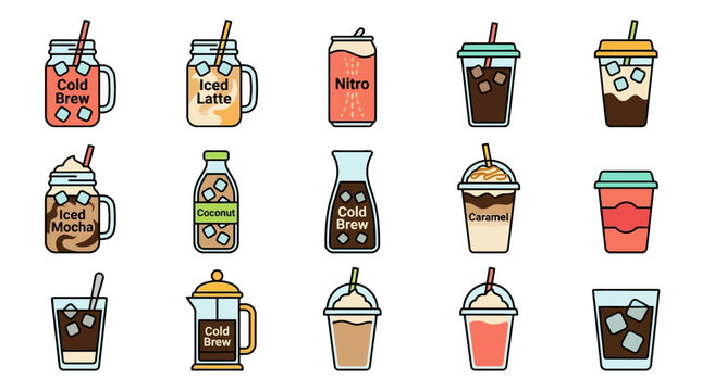 Vector Icons Iced coffee and cold brew drink sticker icons set. EPS Editable