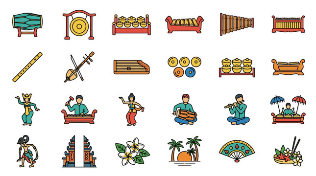 Vector Icons Indonesian gamelan music and cultural icons set vector illustration. EPS Editable