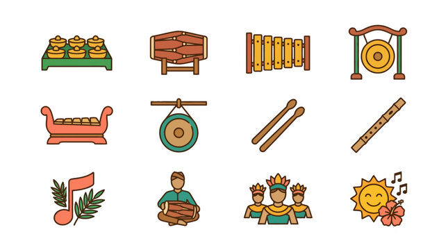 Vector Icons Indonesian gamelan musical instruments and cultural icon set vector illustration. EPS Editable