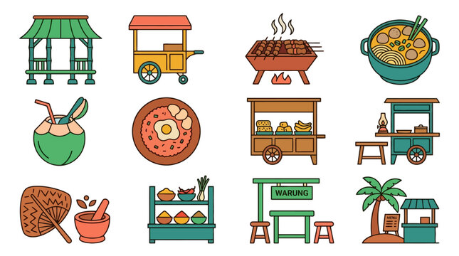 Vector Icons Indonesian street food and traditional warung stall vector icon set. EPS Editable