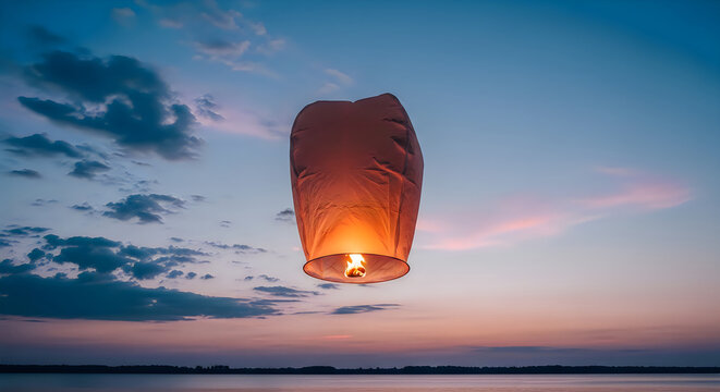 Glowing paper sky lantern floats gracefully through the twilight air above a calm horizon in this peaceful photograph capturing a moment of quiet reflection during a beautiful summer evening sunset
