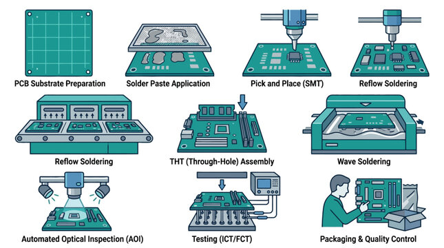 Vector Icons Infographic of printed circuit board PCB assembly manufacturing process steps. EPS Editable