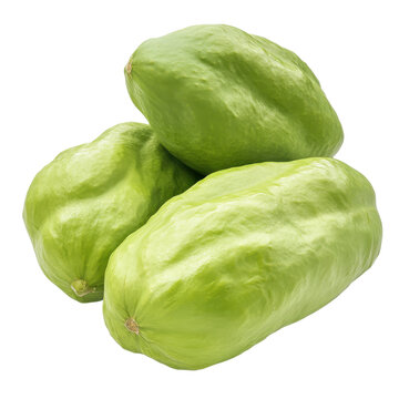 Three vibrant green chayotes close-up studio shot isolated on white background