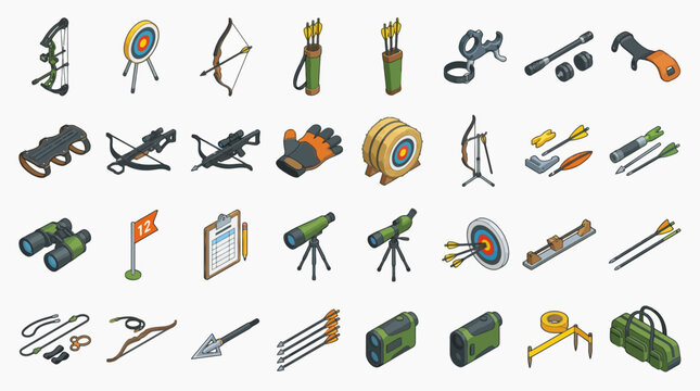 Vector Icons Isometric archery and crossbow equipment icons set including bows arrows targets and shooting gear. EPS Editable