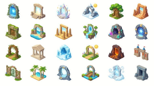 Vector Icons Isometric fantasy portals and gates game assets set. EPS Editable