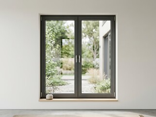 Fototapeta premium Modern Black Double Casement Window with Garden View in Minimalist Interior