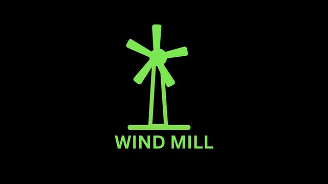 Green Line Windmill Spinning Animation, Minimalist Wind Turbine Rotating Motion Graphic, Sustainable Renewable Green Energy Vector Concept