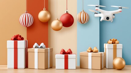 Obraz premium Holiday gift delivery drone beside wrapped presents and ornaments in a festive modern scene