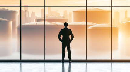 Fototapeta premium A businessman stands confidently by a large window, gazing at an expansive industrial landscape during sunset light.