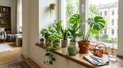 Fototapeta premium Cozy Living Room Interior Featuring a Variety of Vibrant Potted Houseplants Arranged on a Sunny Wooden Window Sill