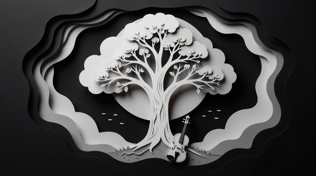 Papercut illustration of white tree with violin at roots. Monochromatic art shows natural elements with musical instrument. Tree branches reach skyward creating artistic composition. Simple, elegant