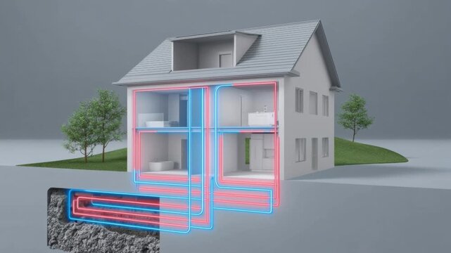 Cross section of residential house showing geothermal heating and cooling system with underground heat exchange pipes and insulated air circulation ducts inside walls