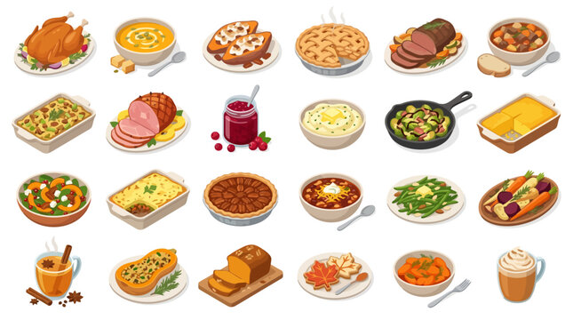Vector Icons Isometric Thanksgiving dinner food icons set isolated on white background. EPS Editable