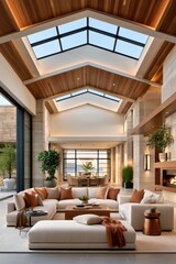 Obraz premium Luxury modern living room with skylight, high ceilings and open-plan coastal dining area