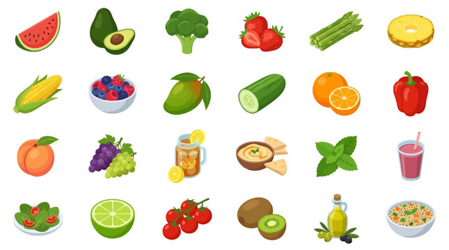 Vector Icons Isometric vector icons of healthy food fruits and vegetables set. EPS Editable
