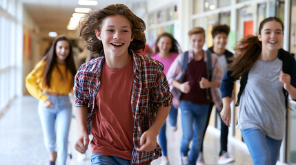 Obraz premium A group of smiling teenagers running joyfully in a school hallway, showcasing friendship and excitement.