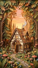 Fototapeta premium Cozy Forest Cottage with Autumn Trees and Mushrooms in Paper Cut Style