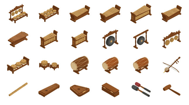Vector Icons Isometric Vector Set of Traditional Indonesian Gamelan Musical Instruments. EPS Editable