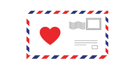 Obraz premium Decorative white envelope with red and blue striped edges featuring a large red heart symbol and a generic postage stamp.
