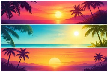 Obraz premium Tropical seascapes displaying layered sunsets over ocean horizon panels