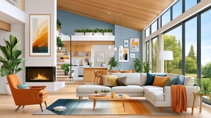 Obraz premium Modern open-plan living room with sectional sofa, fireplace, large windows and cozy natural light