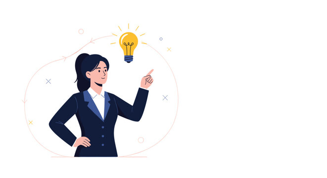 Inspired businesswoman in a professional suit pointing her finger towards a glowing yellow light bulb symbol.