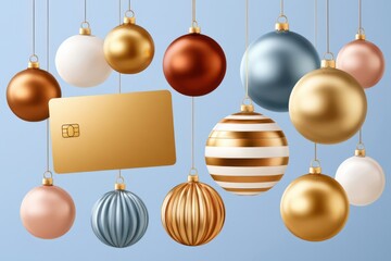Obraz premium Premium gold credit card floating among elegant Christmas ornaments for holiday shopping and gifts