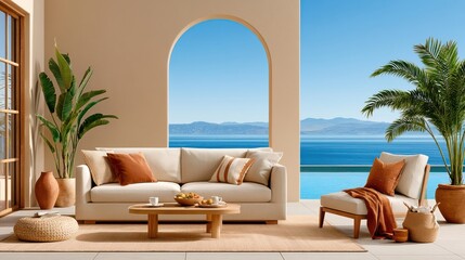 Obraz premium Coastal wellness retreat terrace with comfortable sofa, ocean view and relaxed Mediterranean styling