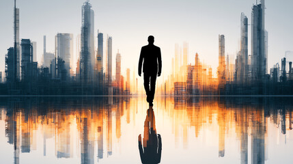 Fototapeta premium A silhouette of a businessman walking towards a city skyline at sunset, reflecting ambition and determination.