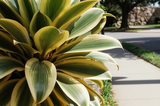Variegated ginger plant leaves show green and yellow stripes. Plant grows near a paved walkway with grass. A tree and stone wall are in the background.