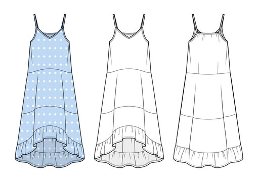 Tiered High-Low Maxi Dress Technical Fashion Illustration. Sleeveless Polka Dot Dress with Spaghetti Straps Vector Template. Front and Back View. Women&rsquo;s Summer Apparel. CAD Mockup Set.
