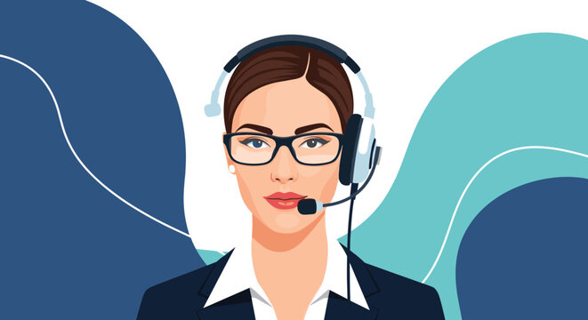 Professional female customer support agent wearing a headset and glasses against a modern blue and white wavy background.